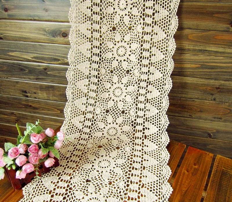 Laivigo Handmade Crochet Lace Table Cloth Doilies Doily,Rectangle,16 x 35 Inch,Beige - Image 1